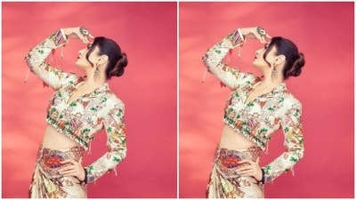 Raveena played muse to fashion designer Anamika Khanna and picked a stunning silk co-ord set from the shelves of the designer. (Instagram/@officialraveenatandon) Raveena played muse to fashion designer Anamika Khanna and picked a stunning silk co-ord set from the shelves of the designer. (Instagram/@officialraveenatandon)