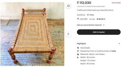 A US-based e-commerce platform sells a humble charpai for over ₹1 lakh. (Etsy) A US-based e-commerce platform sells a humble charpai for over ₹1 lakh. (Etsy)