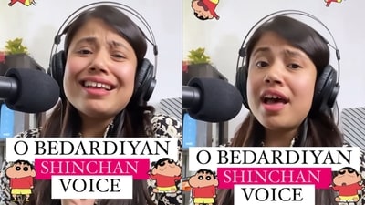The image, taken from the video, shows a woman singing O Bedardeya in Shin-chain's voice. (Instagram/@akankshasharma.as) The image, taken from the video, shows a woman singing O Bedardeya in Shin-chain's voice. (Instagram/@akankshasharma.as)