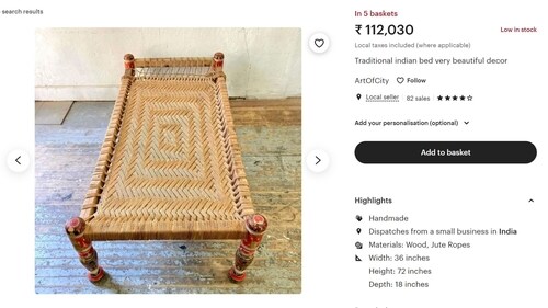 A screengrab from the website shows a charpai made of jute ropes being sold at ₹1,12,030. (Etsy) A screengrab from the website shows a charpai made of jute ropes being sold at ₹1,12,030. (Etsy)