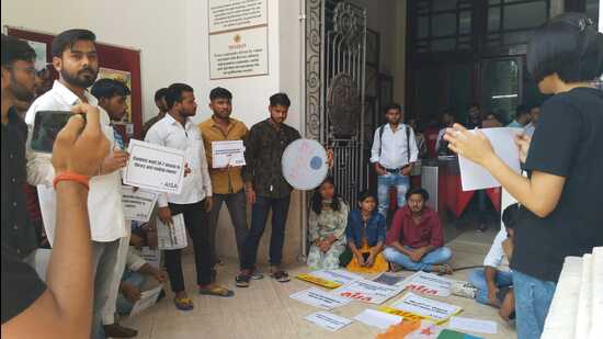 AISA activists staging protest on the LU campus on Thursday. (HTPhoto)