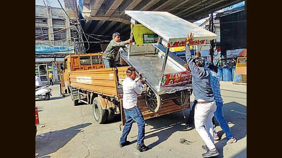 Following complaints, the corporation razed the under-construction sewage pipes on Thursday morning. (HT Photo)