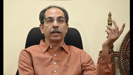 Mumbai, India - April 11, 2023: Former Maharashtra chief minister and chief of Shiv Sena (UBT) Uddhav Thackeray addresses a press conference, at Matoshree, Bandra (East), in Mumbai, India, on Tuesday, April 11, 2023. (Photo by Vijay Bate/HT Photo) (HT PHOTO)
