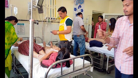 Students of a private school, hospitalised after a gas leakage incident took place in a factory near to the school in Rupnagar district of Punjab on Thursday. (ANI Photo)
