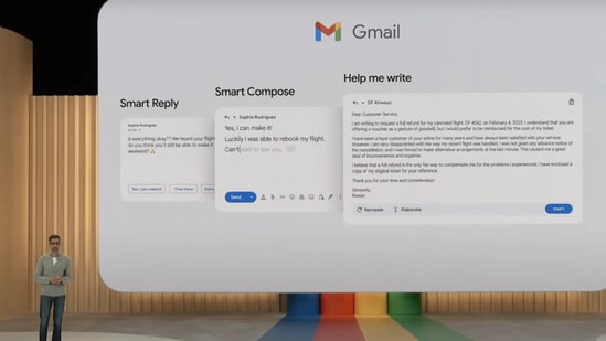 CEO Sundar Pichai unveiling the Gmail AI feature at Google I/O event. (Google)