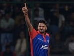 IPL 2023: Mukesh Kumar celebrates a wicket for DC. IPL 2023: Mukesh Kumar celebrates a wicket for DC.