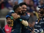 Gujarat Titans celebrate a wicket. Gujarat Titans celebrate a wicket.