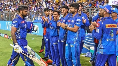 Mumbai Indians' players celebrate Suryakumar Yadav's maiden IPL century (MI Twitter) Mumbai Indians' players celebrate Suryakumar Yadav's maiden IPL century (MI Twitter)