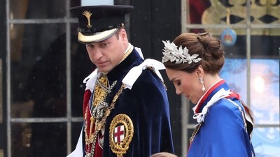Prince and Princess of Wales, Prince William and Kate Middleton, Prince Louis and Princess Charlotte leave after the coronation ceremony. (Reuters)