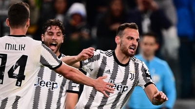 Juventus' Italian defender Federico Gatti (R) celebrates after scoring an equalizer during the UEFA Europa League semi-final first leg football match between Juventus and Sevilla (AFP) Juventus' Italian defender Federico Gatti (R) celebrates after scoring an equalizer during the UEFA Europa League semi-final first leg football match between Juventus and Sevilla (AFP)