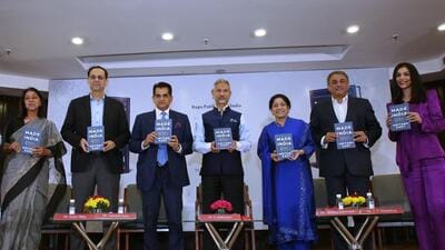 From Left: Naina Lal Kidwai, Sanjiv Bajaj, Amitabh Kant, S Jaishankar, Mallika Srinivasan, TV Narendran, Shereen Bhan (Photo: Raajessh Kashyap/HT)