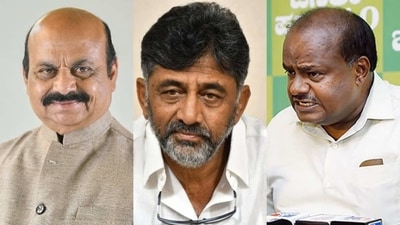 Karnataka CM Basavaraj Bommai, Congress leader DK Shivakumar and JDS HD Kumaraswamy. Karnataka CM Basavaraj Bommai, Congress leader DK Shivakumar and JDS HD Kumaraswamy.