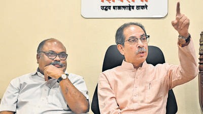 Mumbai, India - May 12, 2023 : Shiv Sena (UBT) chief Uddhav Thackeray alongside party leader MLA Anil Parab addresses the media during a press conference, at Matoshree, Bandra (East), in Mumbai, India, on Friday, May 12, 2023. (Photo by Vijay Bate/HT Photo) (HT PHOTO)