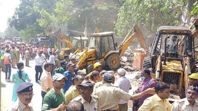 Mumbai, India - May 12, 2023: Slums being demolished opposite Sailee College, on Gorai Road, at Borivali (West), in Mumbai, India, on Friday, May 12, 2023. (Photo by Vijay Bate/HT Photo) (HT PHOTO) Mumbai, India - May 12, 2023: Slums being demolished opposite Sailee College, on Gorai Road, at Borivali (West), in Mumbai, India, on Friday, May 12, 2023. (Photo by Vijay Bate/HT Photo) (HT PHOTO)