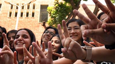 Students celebrate after CBSE results on Friday. (HT Photo) Students celebrate after CBSE results on Friday. (HT Photo)