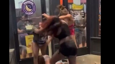 Screen-grab from the video showing a group of women in a brawl. (Twitter)