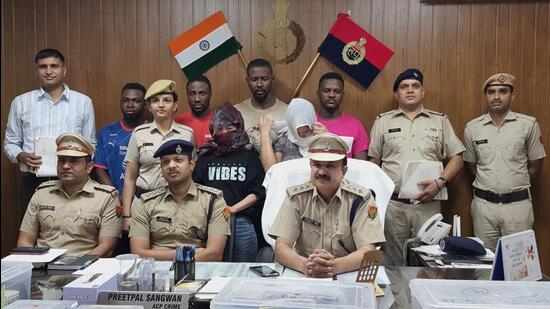 Gurugram, India-May 12, 2023: Priyanshu Dewan, ACP Cyber Crime along with ACP Crime, Preetpal addresses a press conference after arresting six accused including two women in an alleged Cyber fraud case at the Commissionerate building, in Gurugram, India, on Friday, 12 May 2023. (Photo by Parveen Kumar/Hindustan Times)**To go with Leena Dhankar's Story