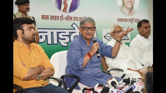 JD-U national president Lalan Singh addresses a press conference in Patna on Friday. (Santosh Kumar/HT Photo)