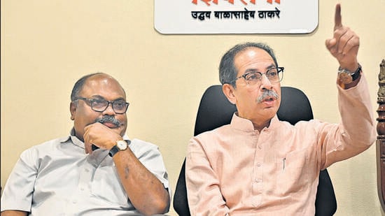 Mumbai, India - May 12, 2023 : Shiv Sena (UBT) chief Uddhav Thackeray alongside party leader MLA Anil Parab addresses the media during a press conference, at Matoshree, Bandra (East), in Mumbai, India, on Friday, May 12, 2023. (Photo by Vijay Bate/HT Photo) (HT PHOTO)
