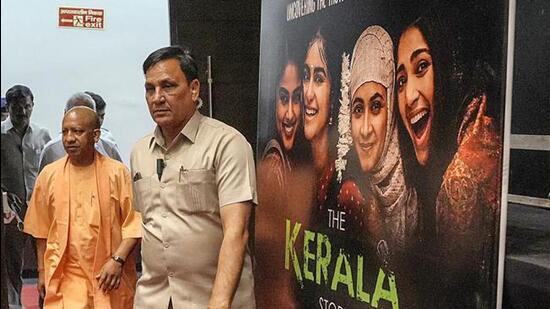 Uttar Pradesh chief minister Yogi Adityanath arrives for a special screening of The Kerala Story, in Lucknow on Friday. (ANI PHOTO)