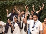 Students celebrating after CBSE Board results declared at Baldwin Academy in Patna.