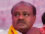 Ex-Karnataka chief minister and Janata Dal (Secular) chief HD Kumaraswamy at a party event in Bengaluru, on Friday, April 14, 2023. (PTI Photo/Shailendra Bhojak)