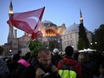 People gather outside Hagia Sophia Grand Mosque ahead of the presidential and parliamentary elections, in Istanbul, Turkey.