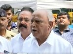 Former Karnataka chief minister BS Yediyurappa urged the BJP workers not to be panicked about the Karnataka election results.(Twitter/ANI)