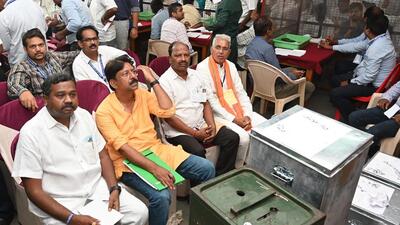 A counting booth in Karnataka’s Hubballi on Saturday. (PTI) A counting booth in Karnataka’s Hubballi on Saturday. (PTI)