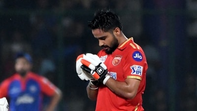 Punjab Kings' Prabhsimran Singh celebrates after completing his century (Rahul Singh) Punjab Kings' Prabhsimran Singh celebrates after completing his century (Rahul Singh)
