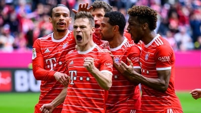 Munich's scorer Joshua Kimmich, front left, celebrates with his teammates after scoring his side's second goal during the German Bundesliga soccer match (AP) Munich's scorer Joshua Kimmich, front left, celebrates with his teammates after scoring his side's second goal during the German Bundesliga soccer match (AP)