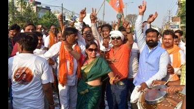 BJP supporters celebrating party’s victory in Prayagraj civic polls on May 13. (HT photo) BJP supporters celebrating party’s victory in Prayagraj civic polls on May 13. (HT photo)