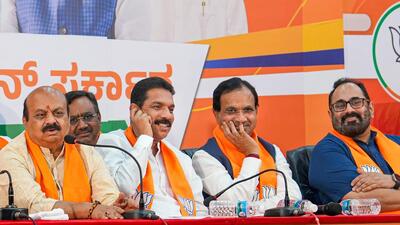 Karnataka chief minister Basavaraj Bommai, BJP state president Nalin Kumar Kateel with Union ministers Bhagwanth Khuba and Rajeev Chandrasekhar at the party election media centre in Bengaluru, (PTI File Photo) Karnataka chief minister Basavaraj Bommai, BJP state president Nalin Kumar Kateel with Union ministers Bhagwanth Khuba and Rajeev Chandrasekhar at the party election media centre in Bengaluru, (PTI File Photo)
