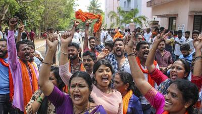 Karnataka election result: Supporters of Congress candidate UT Kader celebrate their leader's lead in the Karnataka Assembly polls, on the vote counting day on Saturday (PTI) Karnataka election result: Supporters of Congress candidate UT Kader celebrate their leader's lead in the Karnataka Assembly polls, on the vote counting day on Saturday (PTI)