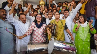 Party workers also celebrated at the residence of Karnataka Congress chief DK Shivakaumar in Bengaluru. (PTI) Party workers also celebrated at the residence of Karnataka Congress chief DK Shivakaumar in Bengaluru. (PTI)