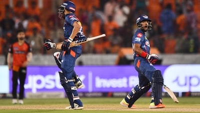 Lucknow Super Giants batters Prerak Mankad and Nicholas Pooran celebrate after winning their IPL 2023 cricket match against Sunrisers Hyderabad (PTI) Lucknow Super Giants batters Prerak Mankad and Nicholas Pooran celebrate after winning their IPL 2023 cricket match against Sunrisers Hyderabad (PTI)