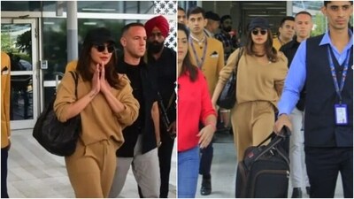 While Priyanka's top comes with a collared neckline, oversized silhouette, pulled-back long sleeves, a V neckline, and a short hem-length, the jogger pants have a mid-rise waist, cinched hem, drawstring detail, side pockets, and a comfy fitting. (HT Photo/Varinder Chawla) While Priyanka's top comes with a collared neckline, oversized silhouette, pulled-back long sleeves, a V neckline, and a short hem-length, the jogger pants have a mid-rise waist, cinched hem, drawstring detail, side pockets, and a comfy fitting. (HT Photo/Varinder Chawla)