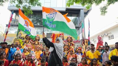 Supporters during Congress party’s celebrations after their win in the Karnataka assembly elections. (PTI photo)