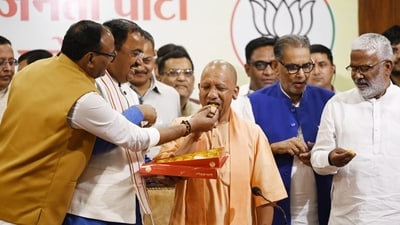 The party's candidates won in Varanasi, Lucknow, Ayodhya, Jhansi, Bareilly, Mathura-Vrindavan, Moradabad, Saharanpur, Prayagraj, Aligarh, Shahjahanpur, Ghaziabad, Agra, Kanpur, Gorakhpur, Firozabad and Meerut. (HT Photo/Deepak Gupta) The party's candidates won in Varanasi, Lucknow, Ayodhya, Jhansi, Bareilly, Mathura-Vrindavan, Moradabad, Saharanpur, Prayagraj, Aligarh, Shahjahanpur, Ghaziabad, Agra, Kanpur, Gorakhpur, Firozabad and Meerut. (HT Photo/Deepak Gupta)