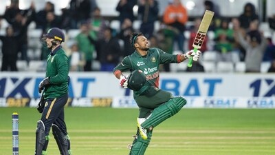 Najmul Hossain Shanto celebrates his century