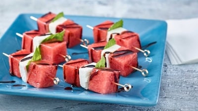 Watermelon Feta Skewers: Cut watermelon into bite-sized cubes and thread them onto skewers with small cubes of feta cheese. Drizzle with a balsamic glaze for a refreshing and savoury snack. (Pinterest) Watermelon Feta Skewers: Cut watermelon into bite-sized cubes and thread them onto skewers with small cubes of feta cheese. Drizzle with a balsamic glaze for a refreshing and savoury snack. (Pinterest)