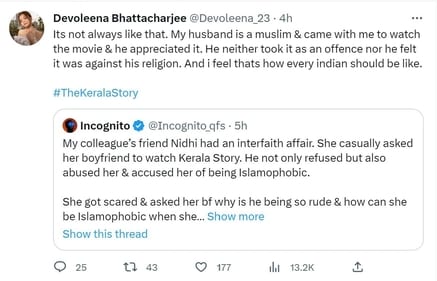 Devoleena Bhattacharjee tweets about The Kerala Story. Devoleena Bhattacharjee tweets about The Kerala Story.