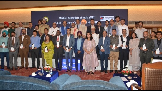 Awardees posing for a picture during the felicitation ceremony in Chandigarh on Friday evening (Photo: Sant Arora/HT)