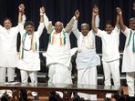 Congress leaders celebrate their win in the Karnataka assembly elections, in Bengaluru.