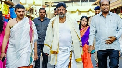 Karnataka Congress President DK Shivakumar visits Kollur Mukambika Devi Temple to offer prayers, in Udupi on Monday. (DK Shivakumar Twitter) Karnataka Congress President DK Shivakumar visits Kollur Mukambika Devi Temple to offer prayers, in Udupi on Monday. (DK Shivakumar Twitter)