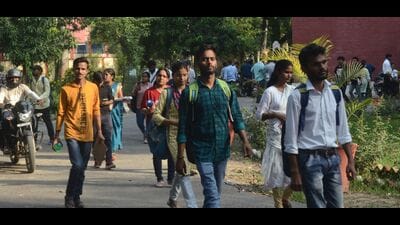 Candidates come out of a centre after taking the PCS(Prelim)-2023 in Prayagraj on Sunday (HT photo)