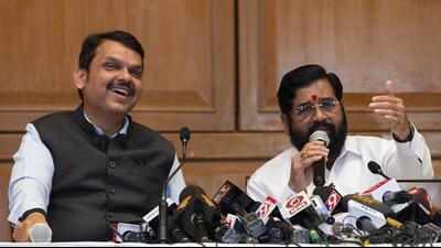 Chief minister Eknath Shinde (right) and his deputy Devendra Fadnavis address the media in Mumbai, after the Supreme Court ruled in their favour on May 11. (HT FILE PHOTO) Chief minister Eknath Shinde (right) and his deputy Devendra Fadnavis address the media in Mumbai, after the Supreme Court ruled in their favour on May 11. (HT FILE PHOTO)