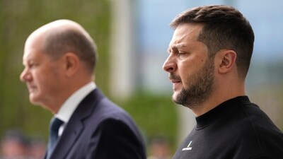 Germany's Chancellor Olaf Scholz, left, walks with Ukraine's President Volodymyr Zelenskyy at the chancellery in Berlin, Germany. (AP) Germany's Chancellor Olaf Scholz, left, walks with Ukraine's President Volodymyr Zelenskyy at the chancellery in Berlin, Germany. (AP)