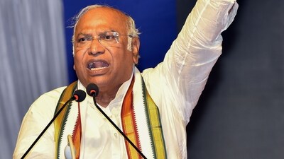 Congress President Mallikarjun Kharge addresses a public meeting ahead of Assembly polls, in Hubballi, Karnataka, (PTI)