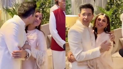 Parineeti Chopra and Raghav Chadha at their engagement in Delhi on May 13. Parineeti Chopra and Raghav Chadha at their engagement in Delhi on May 13.